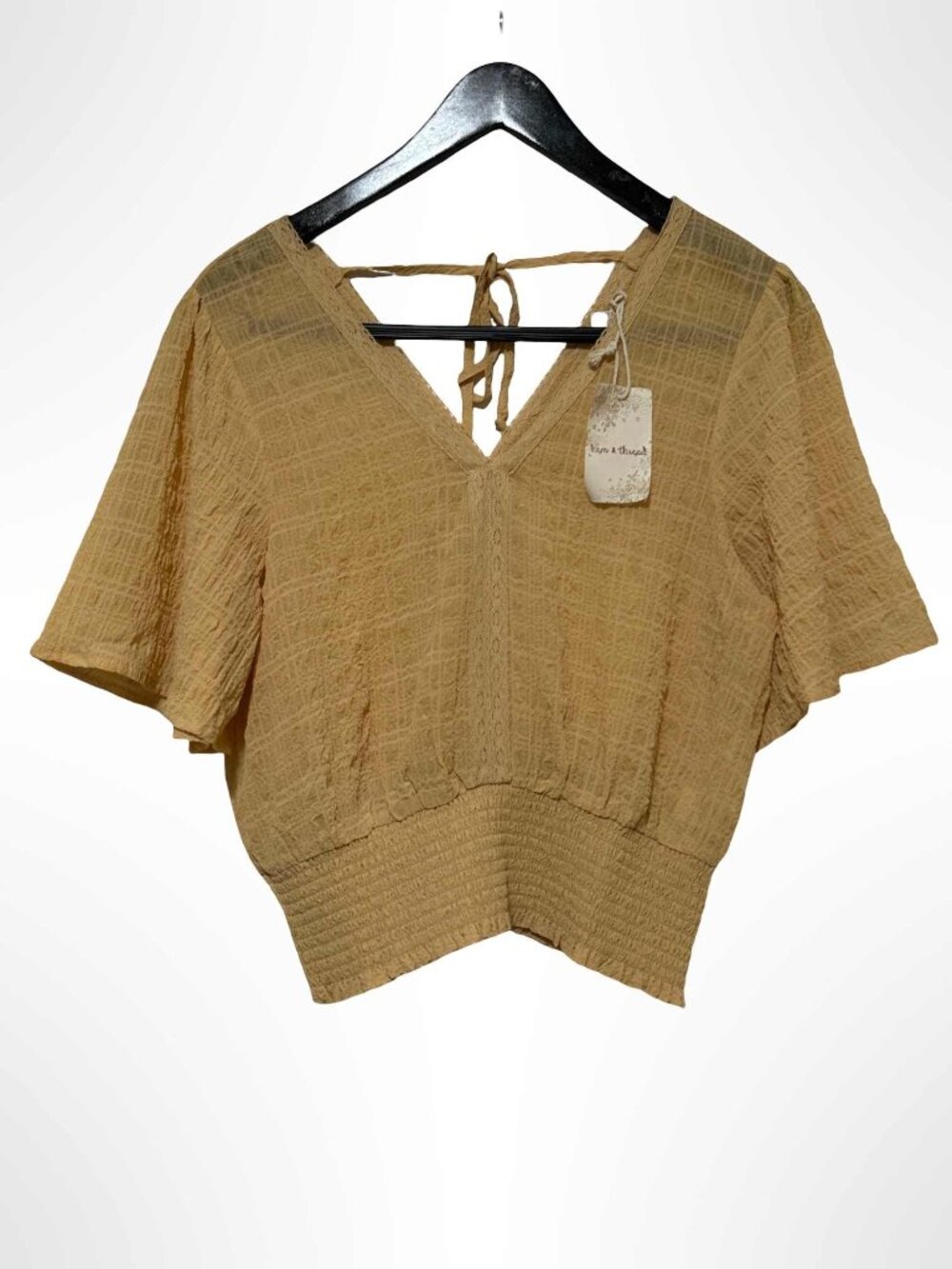 HEM & THREAD Lace Trim Flutter Sleeve Tie Back Smocked Waist Top Yellow NWT